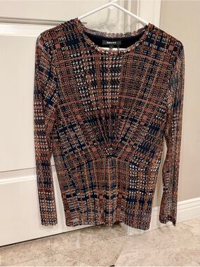 DKNY Sheer Mesh Overlay Long Sleeve Top | Size M